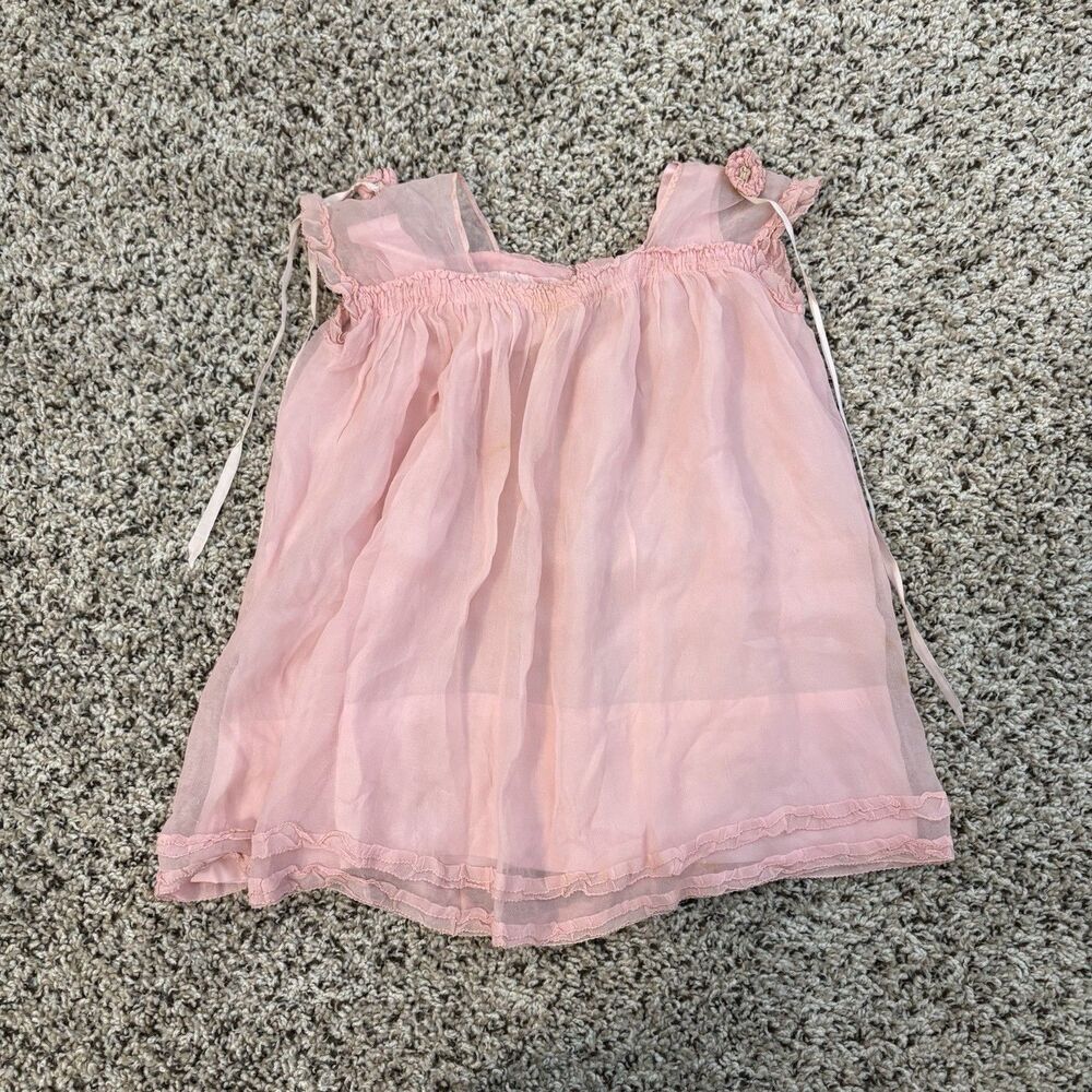 Antique Pink Sheer Baby Dress Toddler Slip Chiffon Ribbon Rosette Vintage 17”